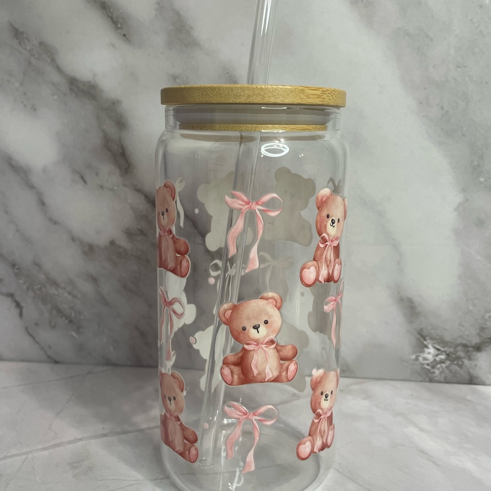 Cute Pink Teddy Bear Glass Tumbler